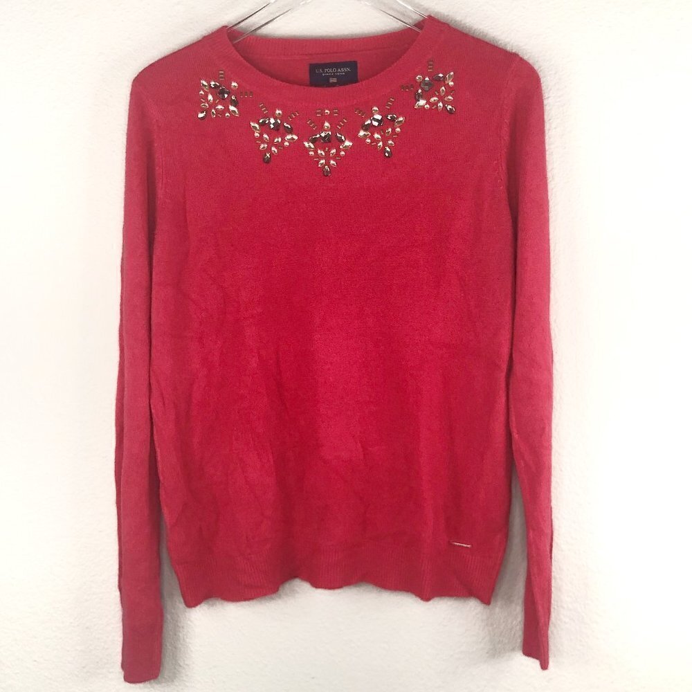 U.S. Polo Assn. Red Long Sleeve Jeweled Gems Neck‎ Embellish Sweater Women's M